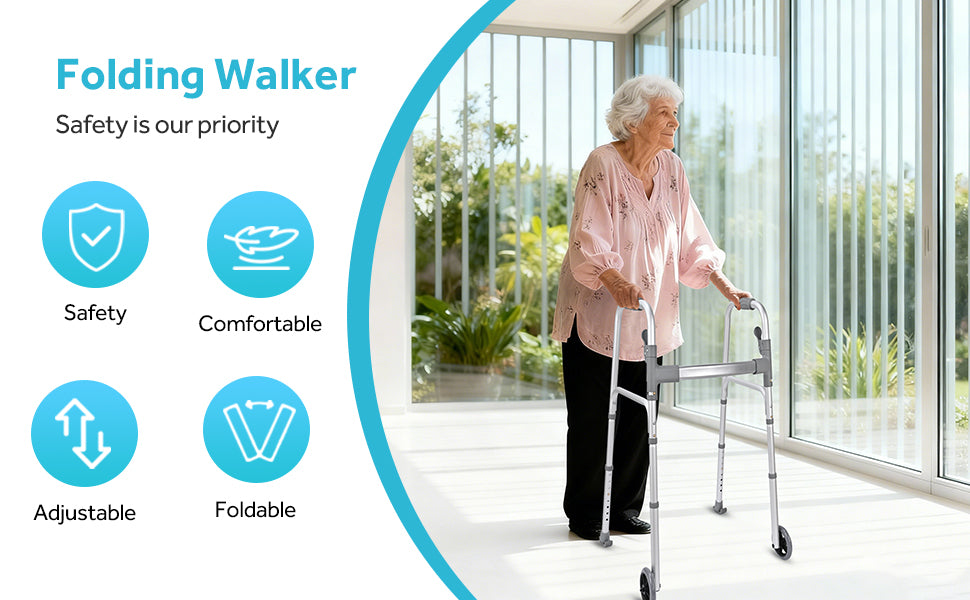 Folding Walker With Wheels, Lightweight Folding Walker with 5" Silent Wheels - LIVINGbasics