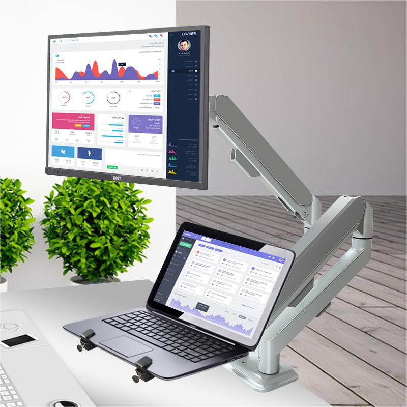 M22G Adjustable Dual Monitor Stand – Grey Gas Spring Arm Mount for 17–30" Screens