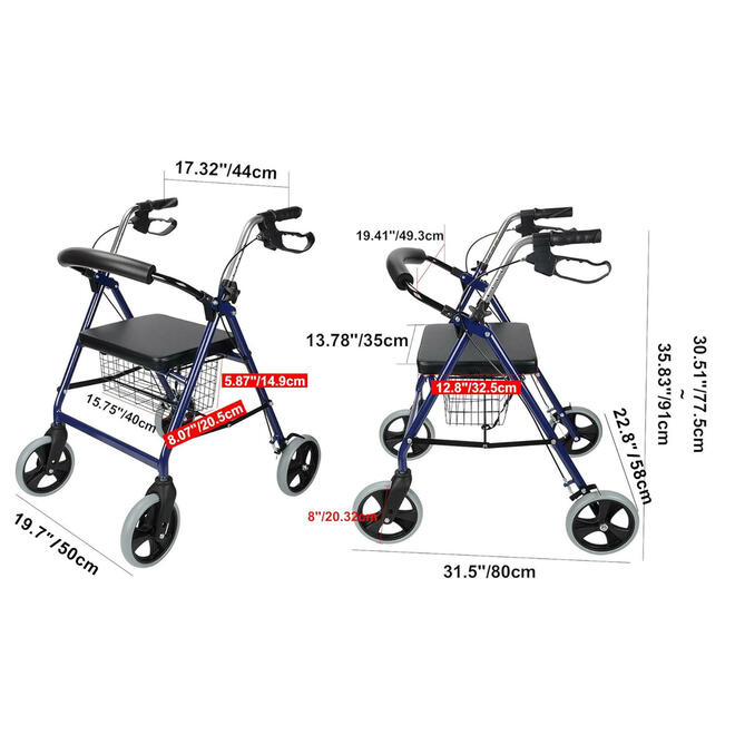 Four Wheel Walker Rollator With Fold Up Removable Back Support Soft Pad Seat - LIVINGbasics