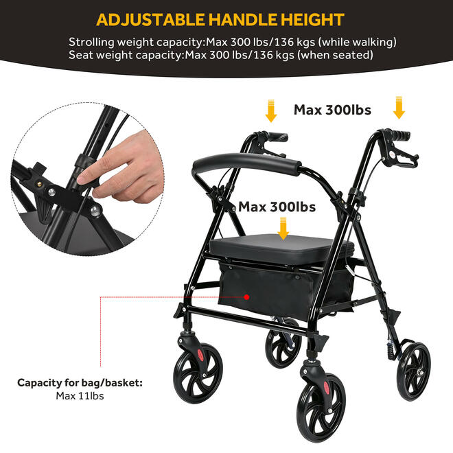 Folding 4-Wheel Rollator Walker With Seat and Storage Pouch, Supports Up to 300 lbs, Black